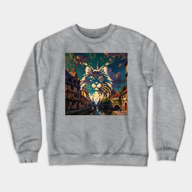 Peaceful French Village Illustration with Hidden Image of a Cat Crewneck Sweatshirt by ravel.live